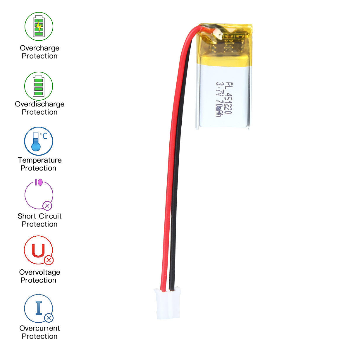YDL 3.7V 70mAh 451220 충전식 폴리머 리튬 이온 배터리 길이 22mm