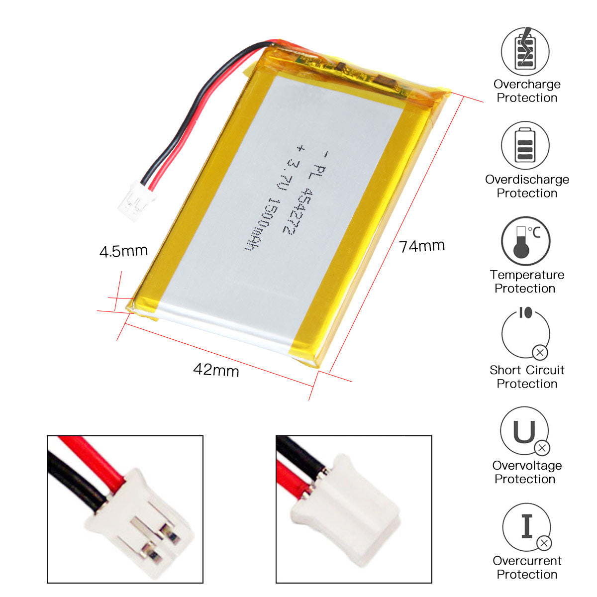 YDL 3.7V 1500mAh 454272 充電式リチウムポリマー電池 長さ 74mm