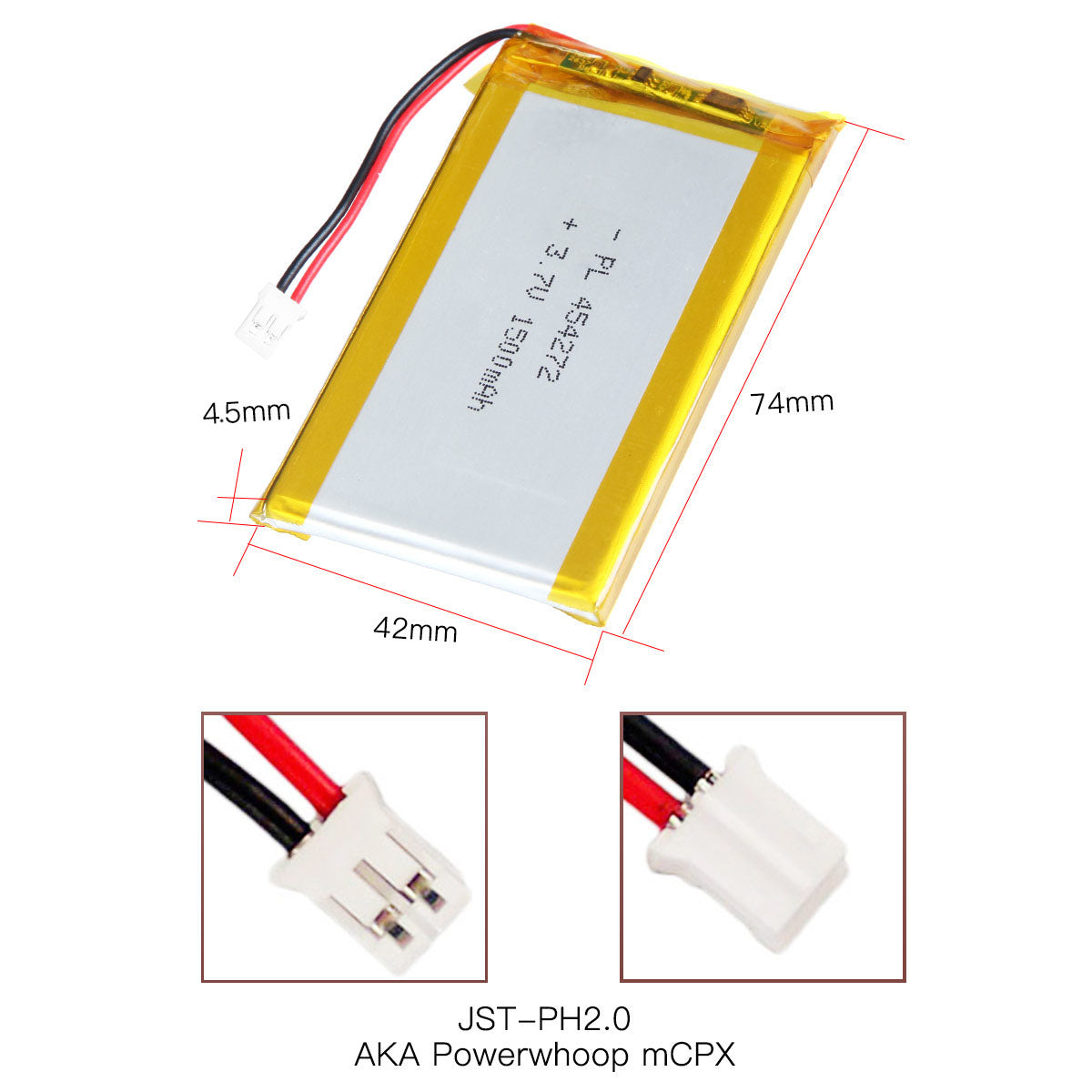 YDL 3.7V 1500mAh 454272 充電式リチウムポリマー電池 長さ 74mm