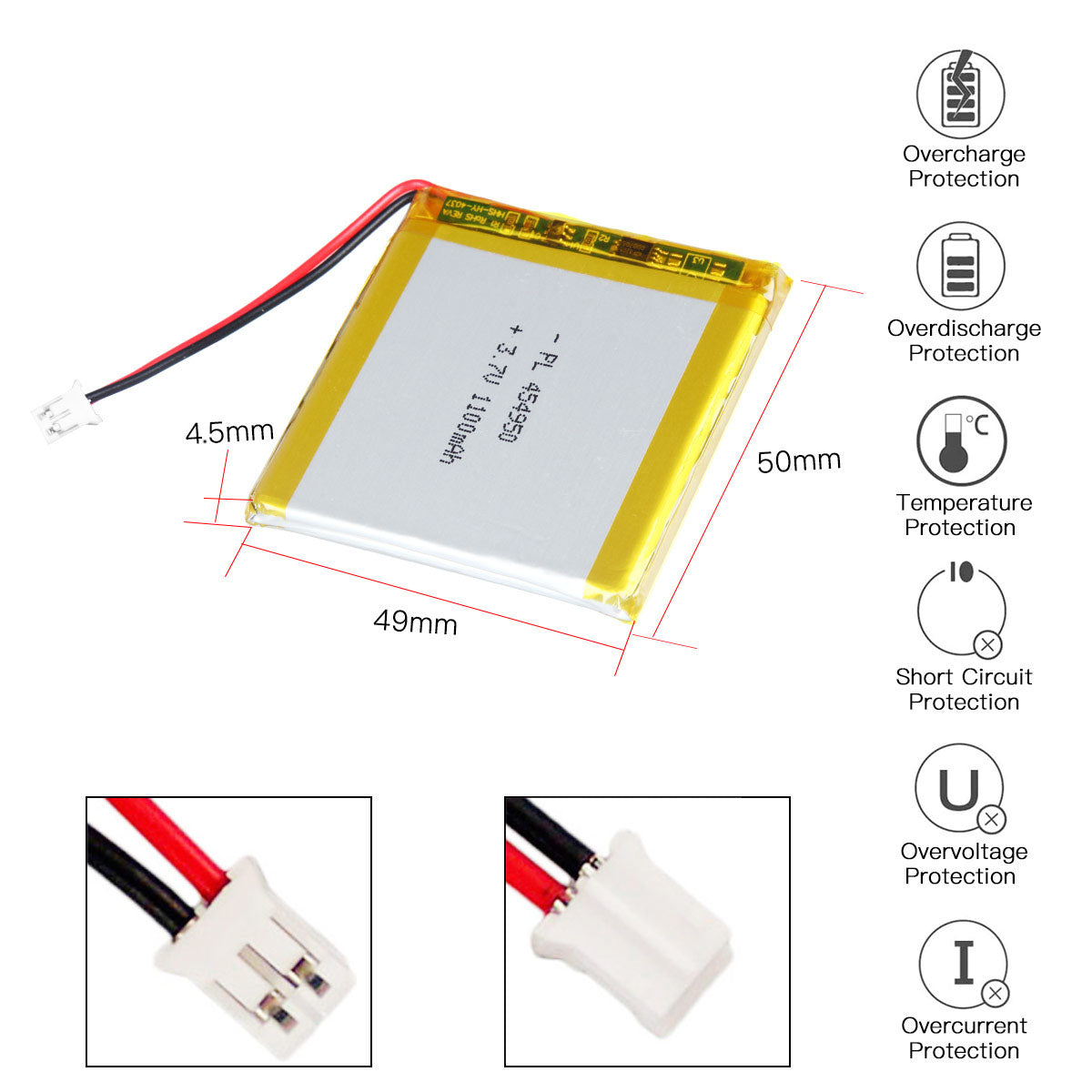 YDL 3.7V 1100mAh 454950 充電式リチウムポリマー電池 長さ 52mm