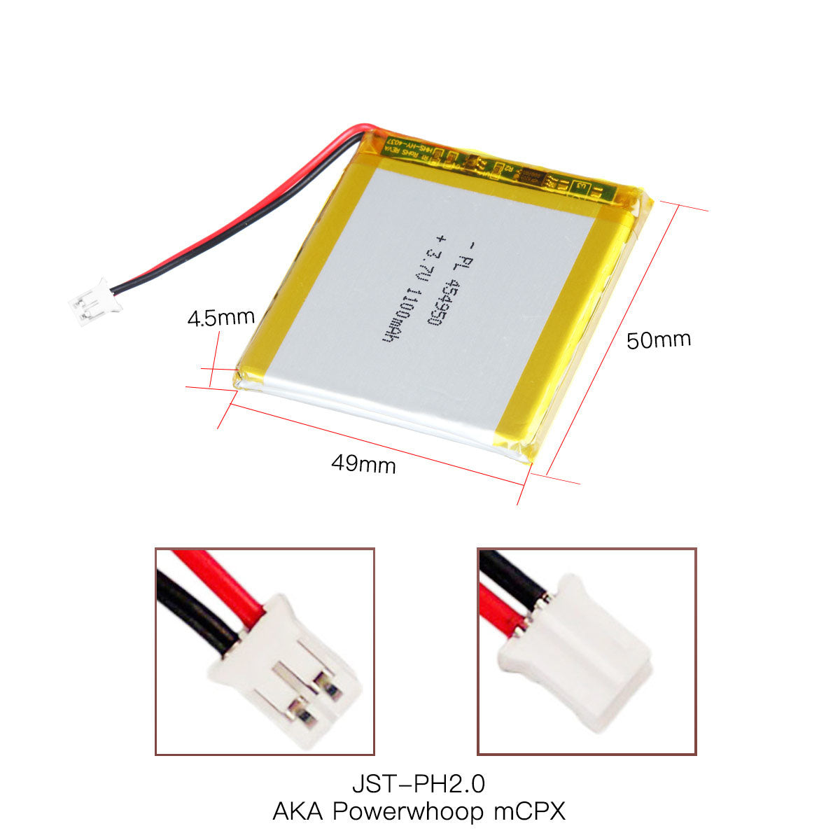 YDL 3.7V 1100mAh 454950 充電式リチウムポリマー電池 長さ 52mm