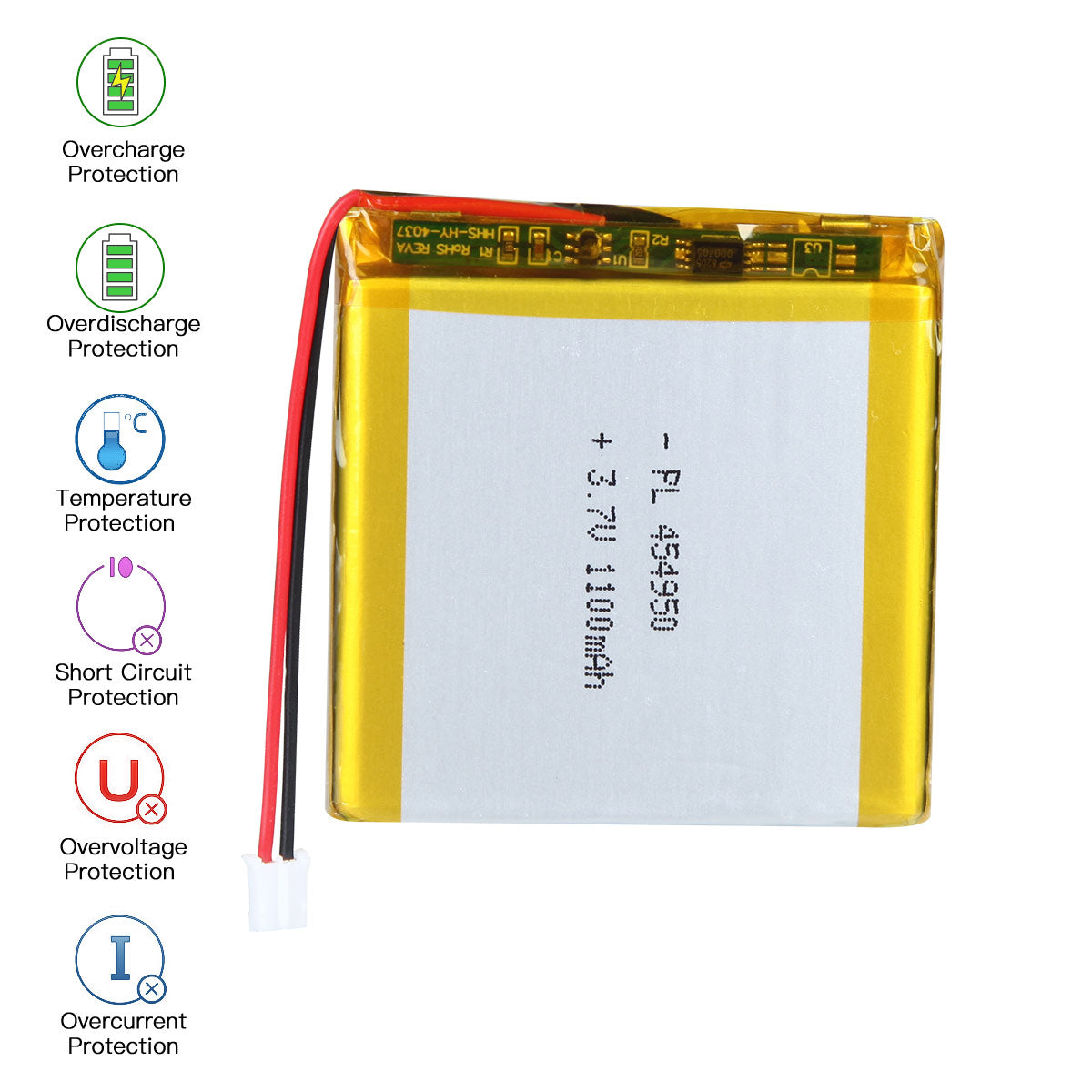 YDL 3.7V 1100mAh 454950 充電式リチウムポリマー電池 長さ 52mm