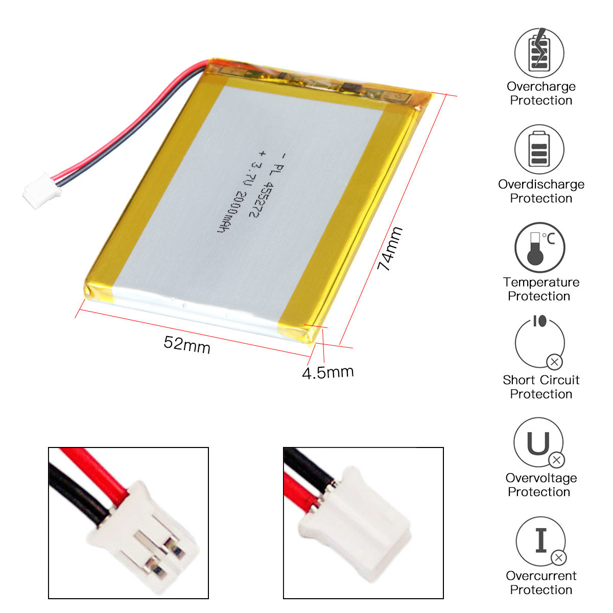 YDL 3.7V 2000mAh 455272 充電式リチウムポリマー電池 長さ 74mm