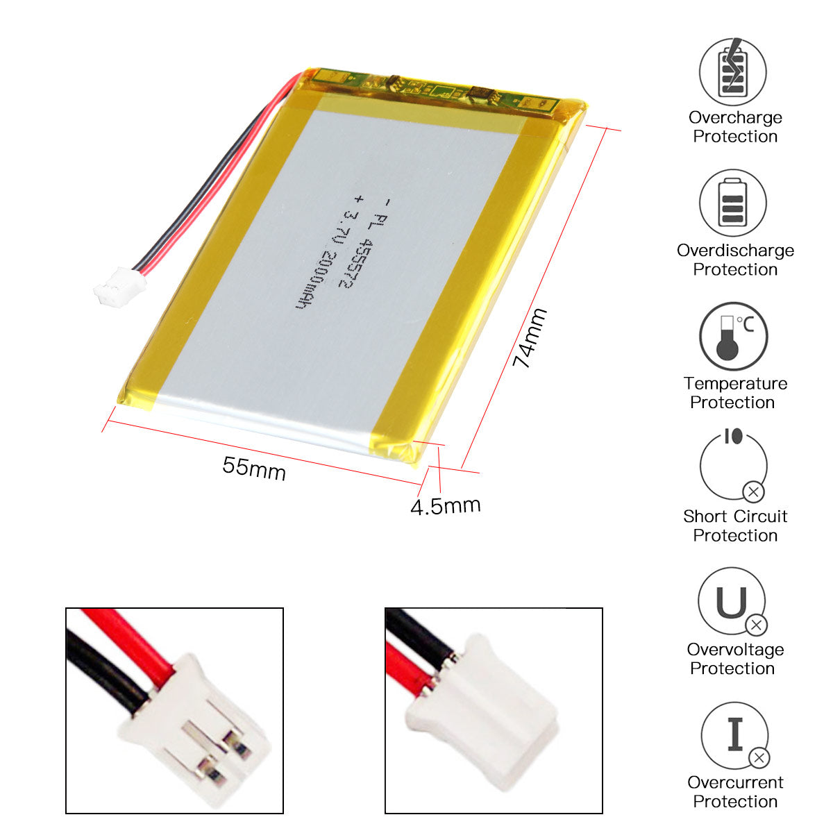 YDL 3.7V 2000mAh 455572 充電式リチウムポリマー電池 長さ 74mm