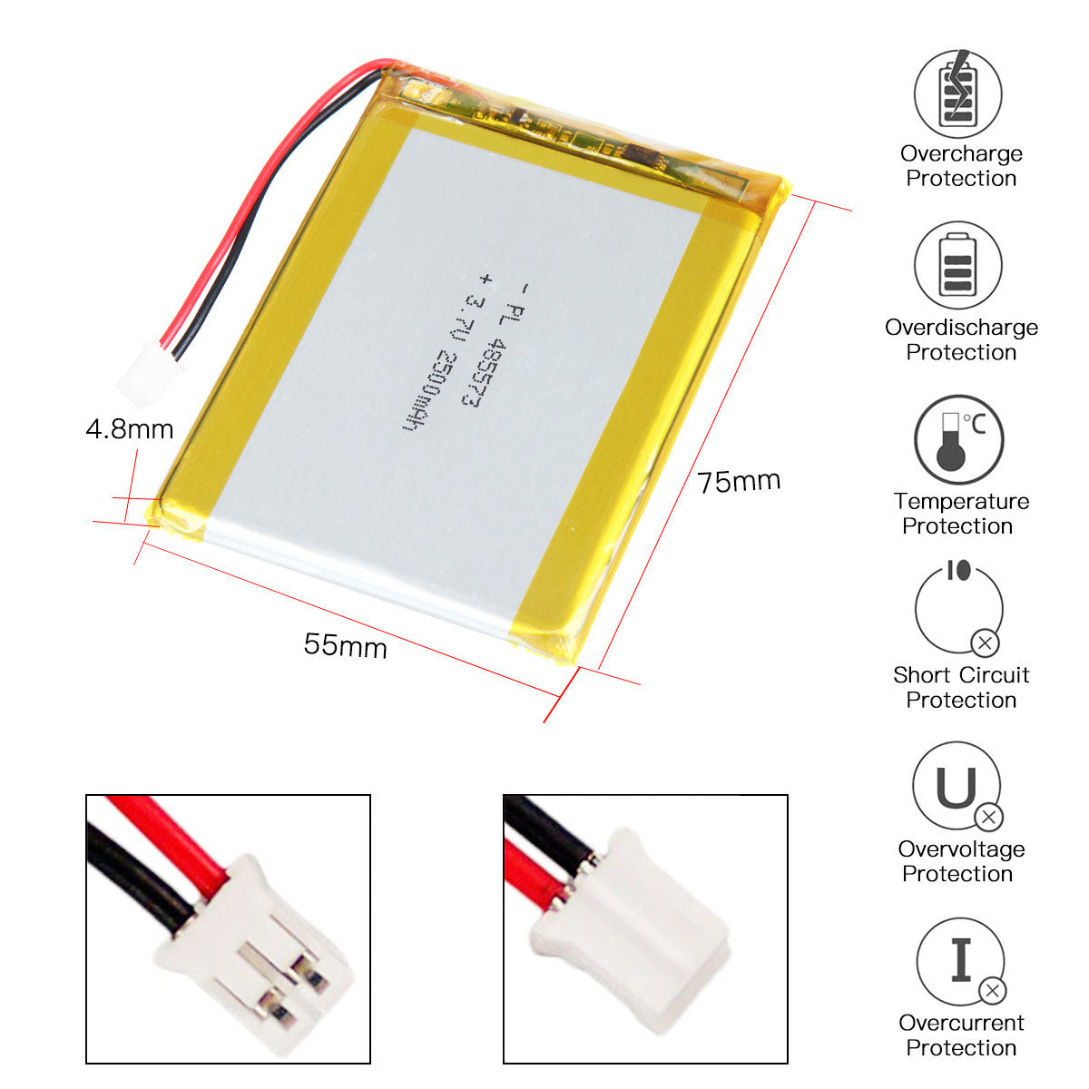 3.7V 2500mAh 485573 재충전용 리튬 중합체 건전지 길이 75mm