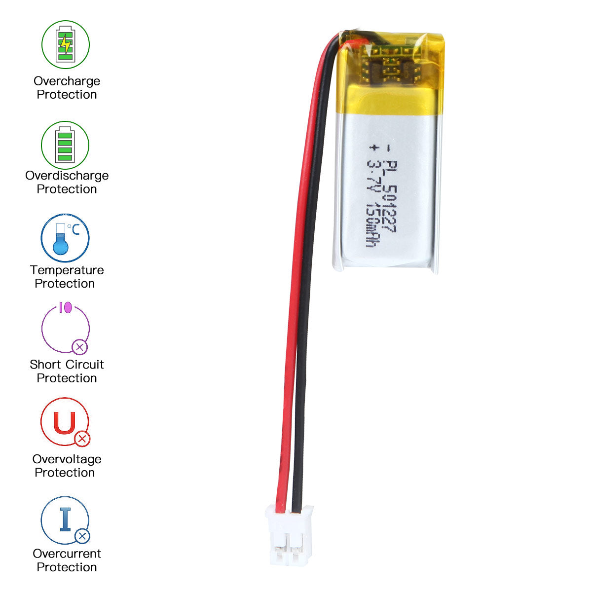 YDL 3.7V 150mAh 501227 Rechargeable Lipo Battery with JST Connector - YDL Battery