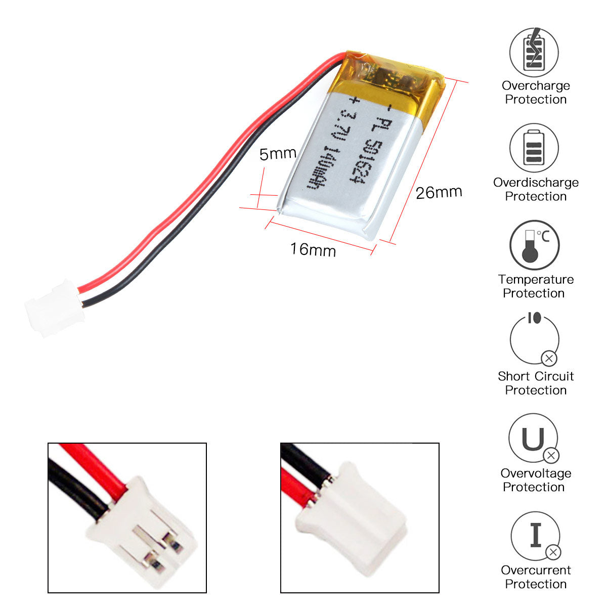 YDL 3.7V 140mAh 501624 充電式リチウムポリマー電池 長さ 26mm
