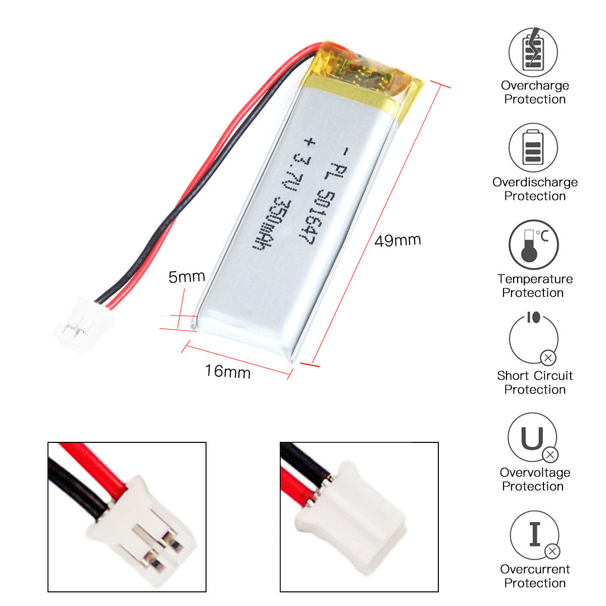 YDL 3.7V 350mAh 501647 충전식 리튬 폴리머 배터리 길이 49mm