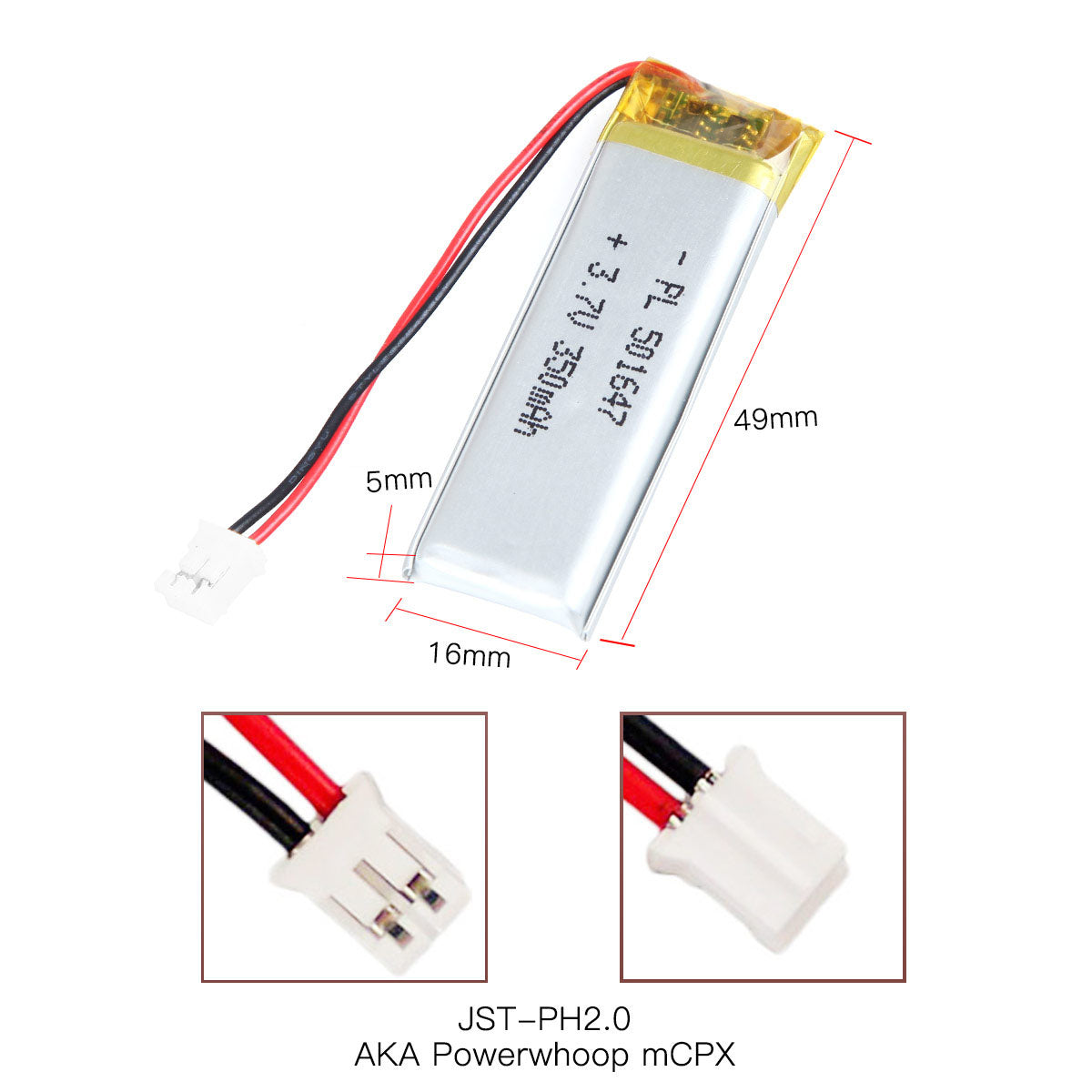 YDL 3.7V 350mAh 501647 충전식 리튬 폴리머 배터리 길이 49mm