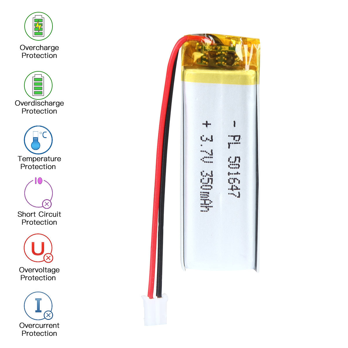 YDL 3.7V 350mAh 501647 충전식 리튬 폴리머 배터리 길이 49mm