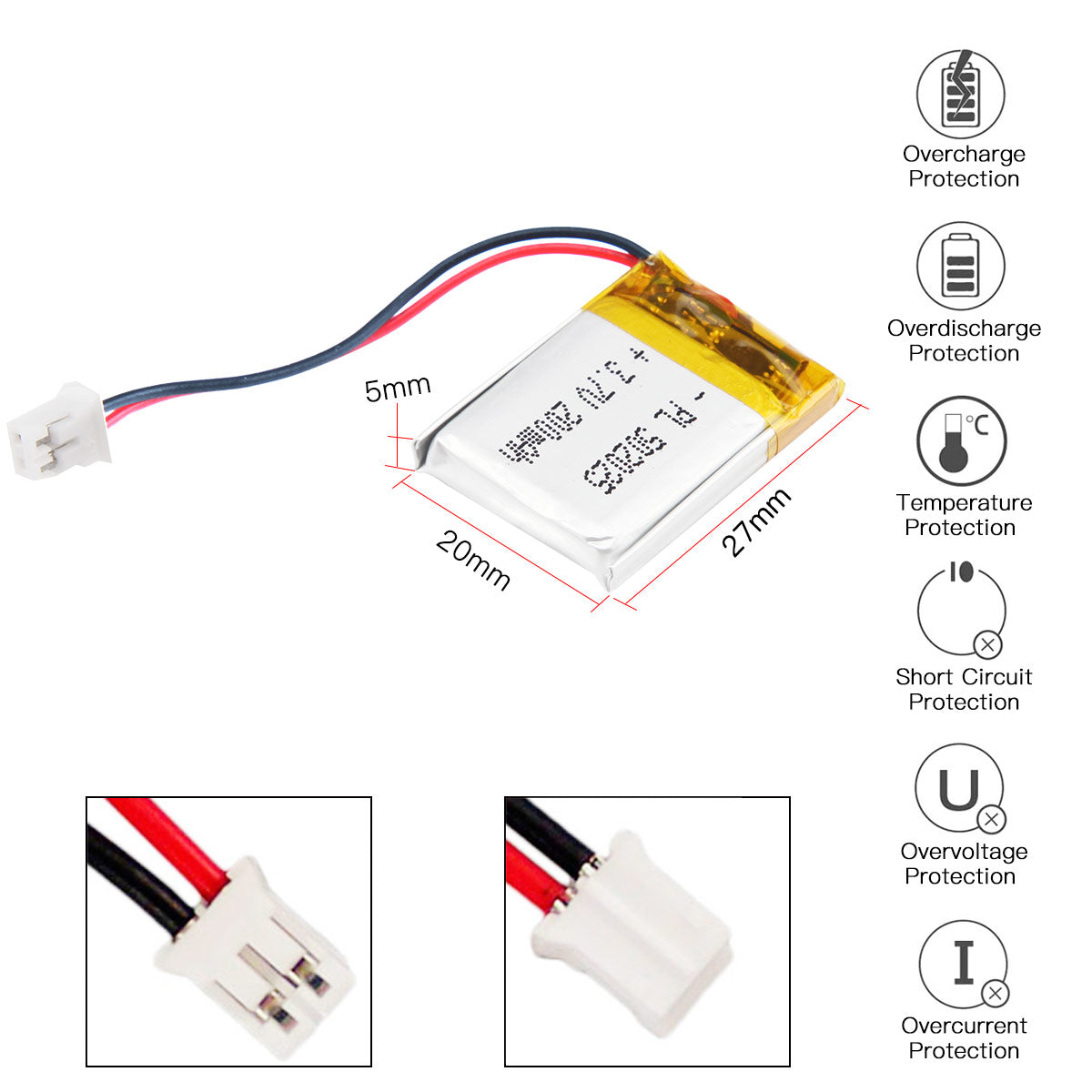 YDL 3.7V 200mAh 502025 충전식 리튬 폴리머 배터리 길이 27mm