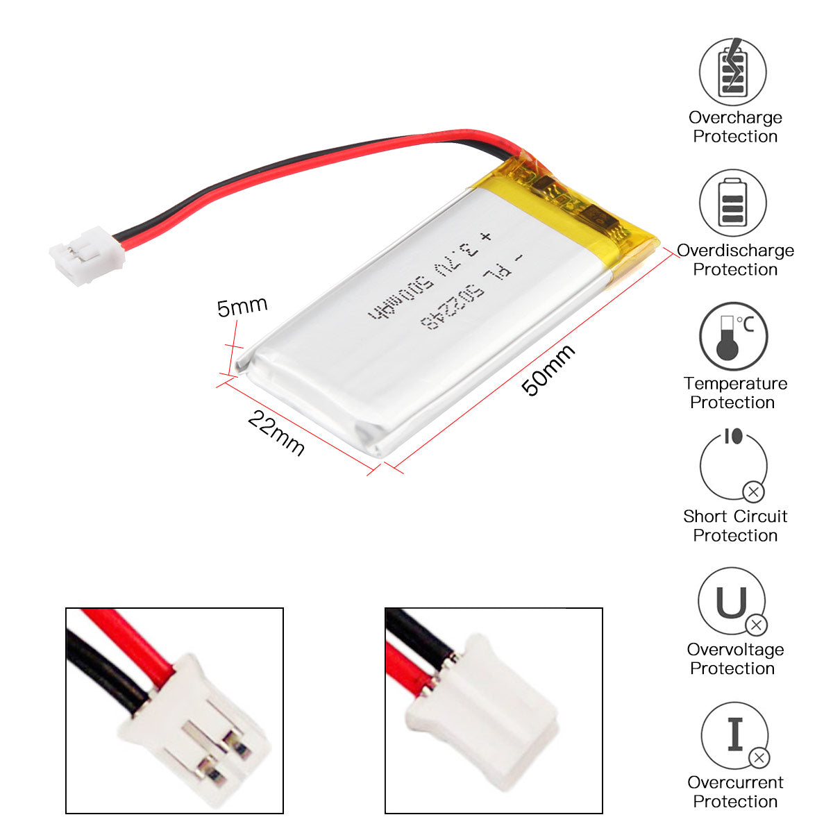 YDL 3.7V 500mAh 502248 충전식 폴리머 리튬 이온 배터리 길이 50mm