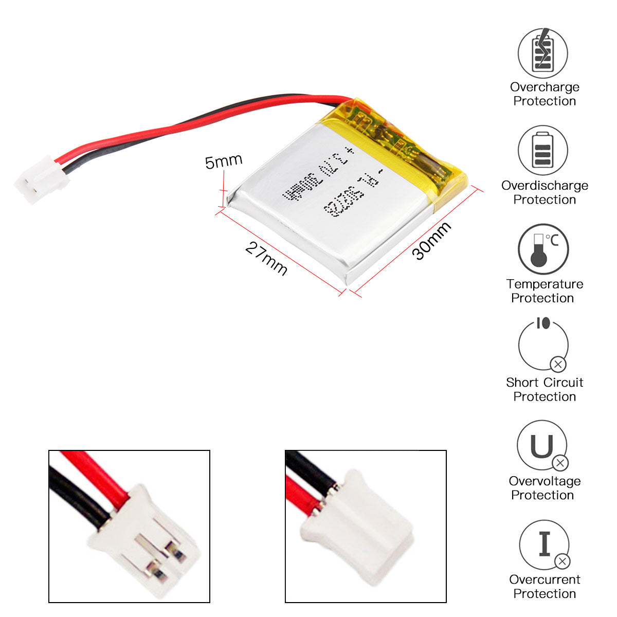 YDL 3.7V 360mAh 502728 充電式リチウムポリマー電池 長さ 30mm