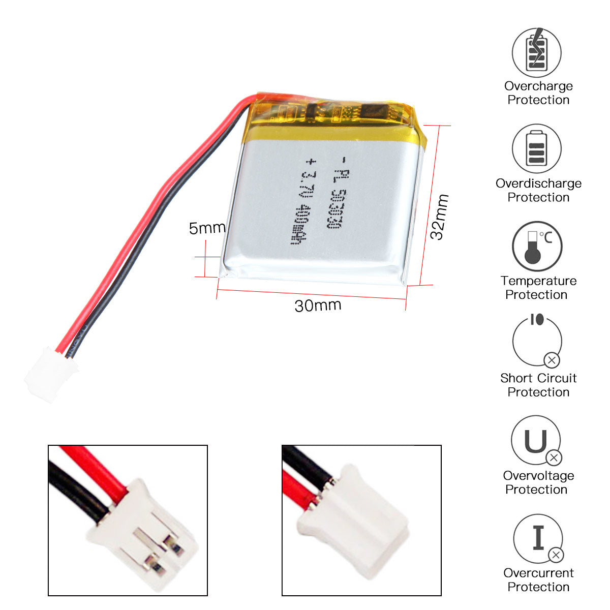 YDL 3.7V 400mAh 503030 충전식 리튬 폴리머 배터리 길이 32mm