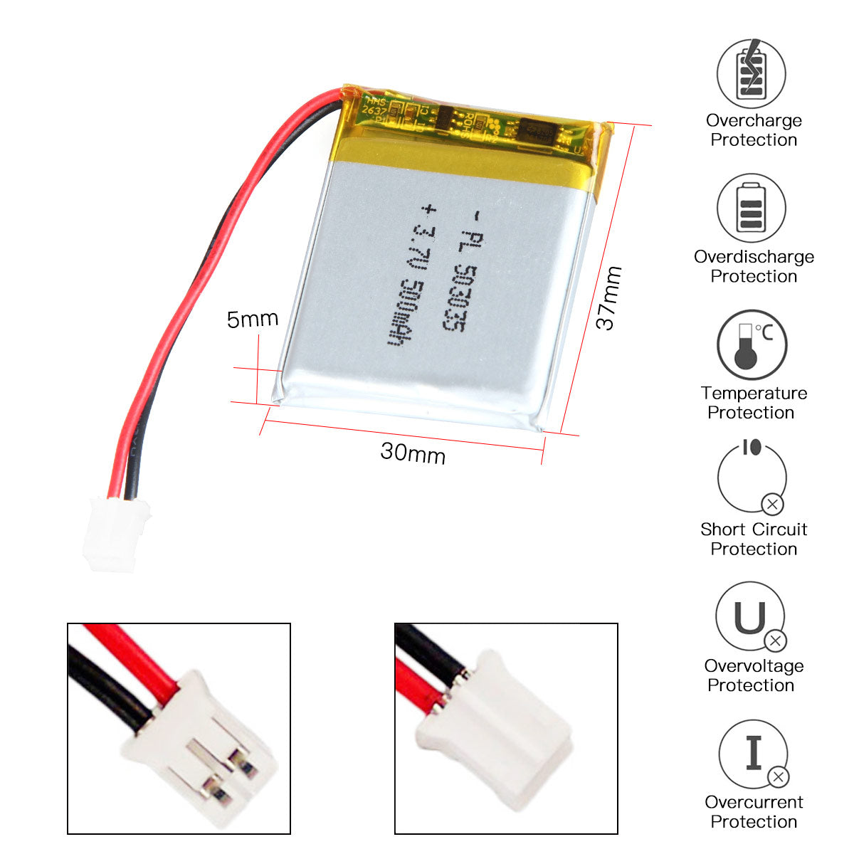 YDL 3.7V 500mAh 503035 充電式リチウムポリマー電池 長さ 37mm