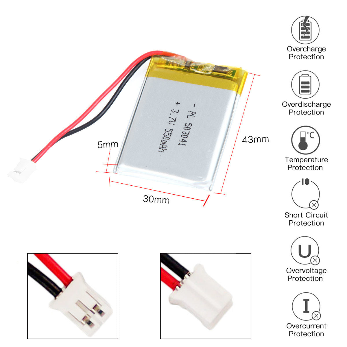 YDL 3.7V 550mAh 503041 충전식 리튬 폴리머 배터리 길이 43mm