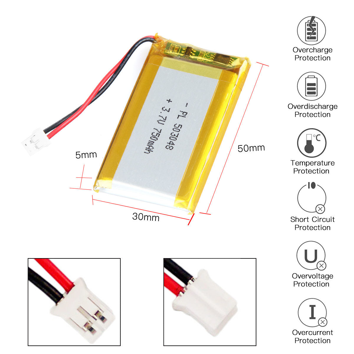 3.7V 750mAh 503048 充電式リチウムポリマー電池