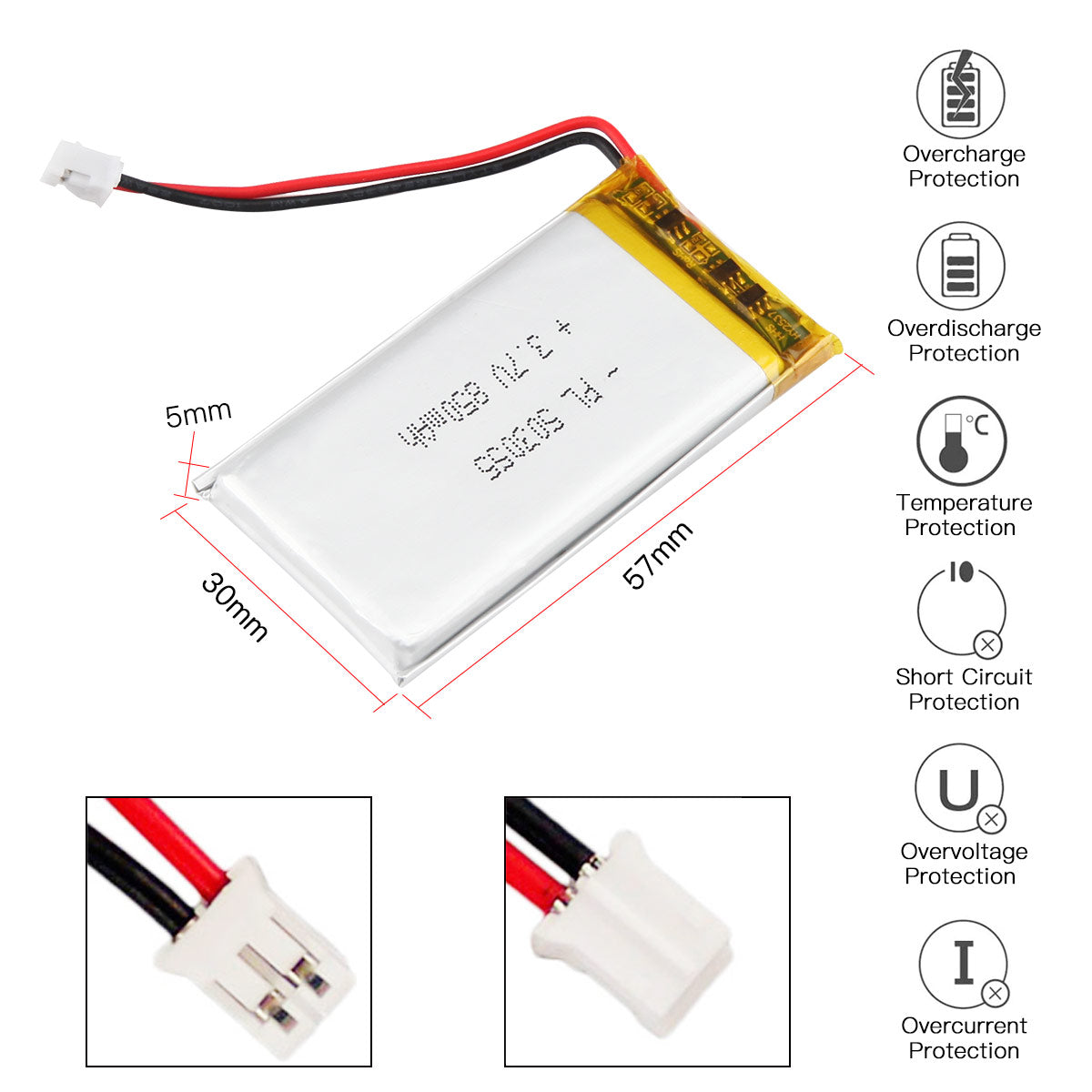 YDL 3.7V 850mAh 503055 충전식 리튬 폴리머 배터리 길이 57mm