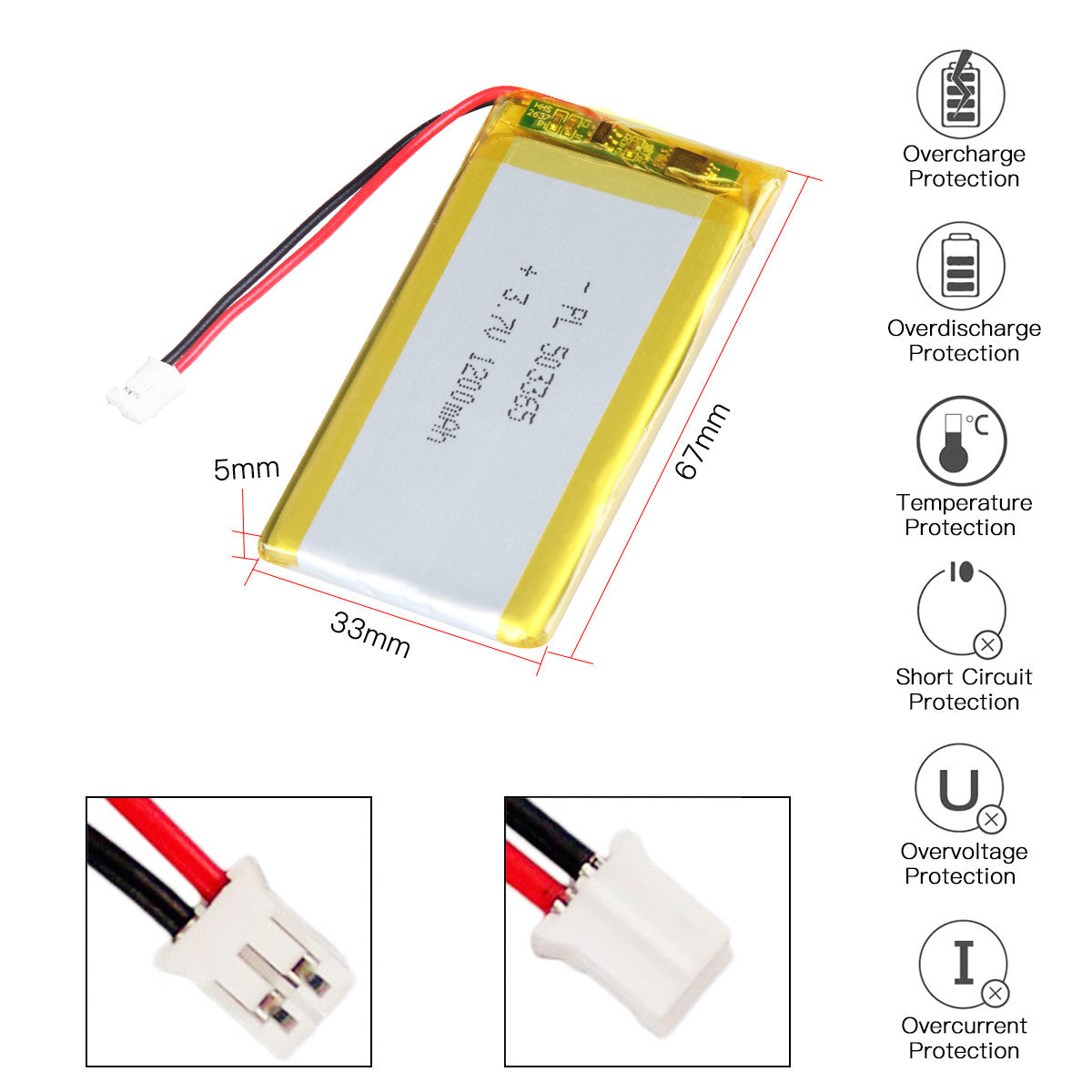YDL 3.7V 1200mAh 503365 충전식 리튬 폴리머 배터리 길이 67mm