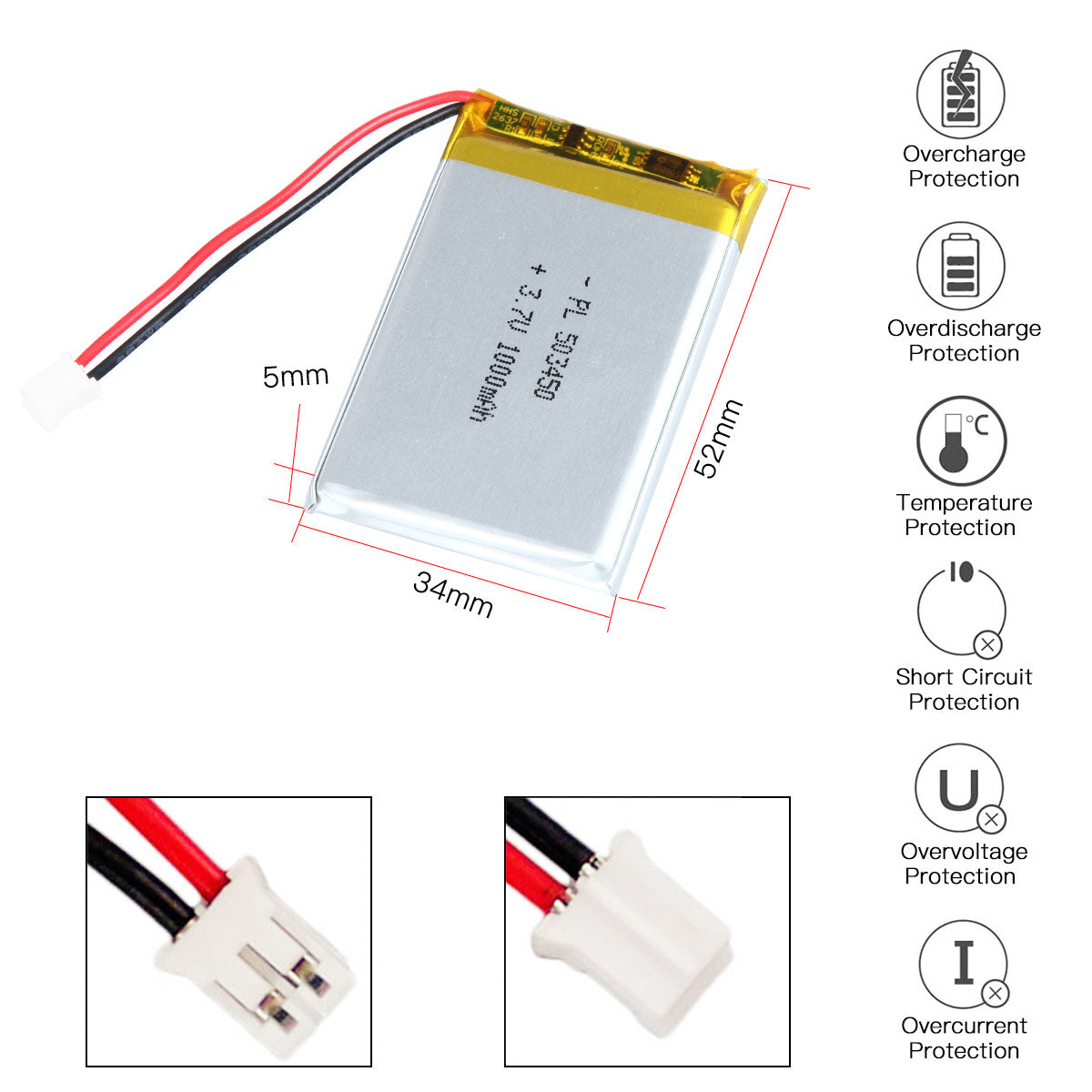 YDL 3.7V 1000mAh 503450 충전식 리튬 폴리머 배터리 길이 52mm