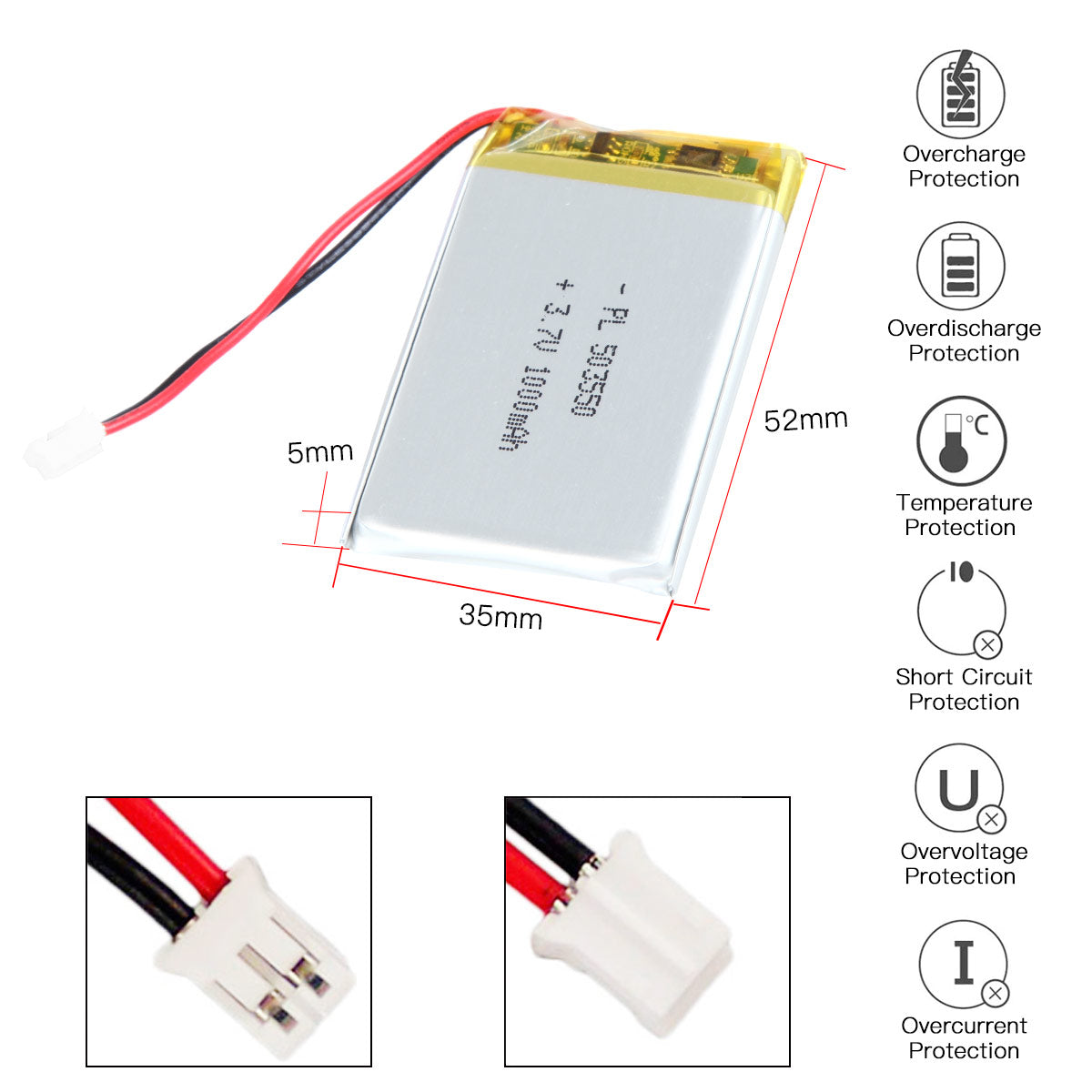 YDL 3.7V 1000mAh 503550 충전식 리튬 폴리머 배터리 길이 52mm