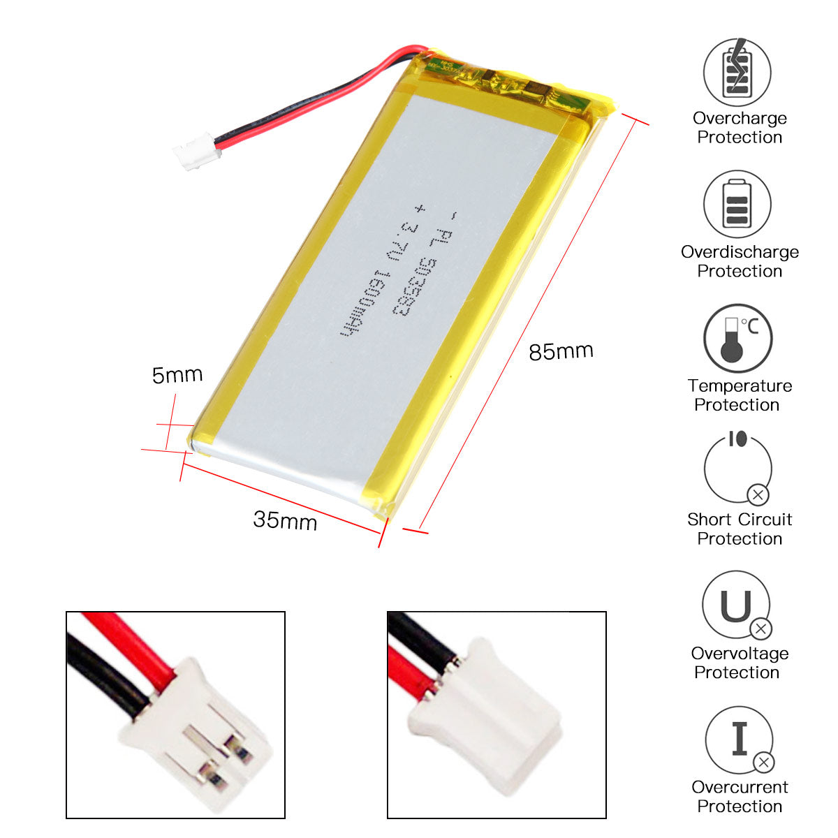 YDL 3.7V 1600mAh 503583 充電式リチウムポリマー電池 長さ 85mm
