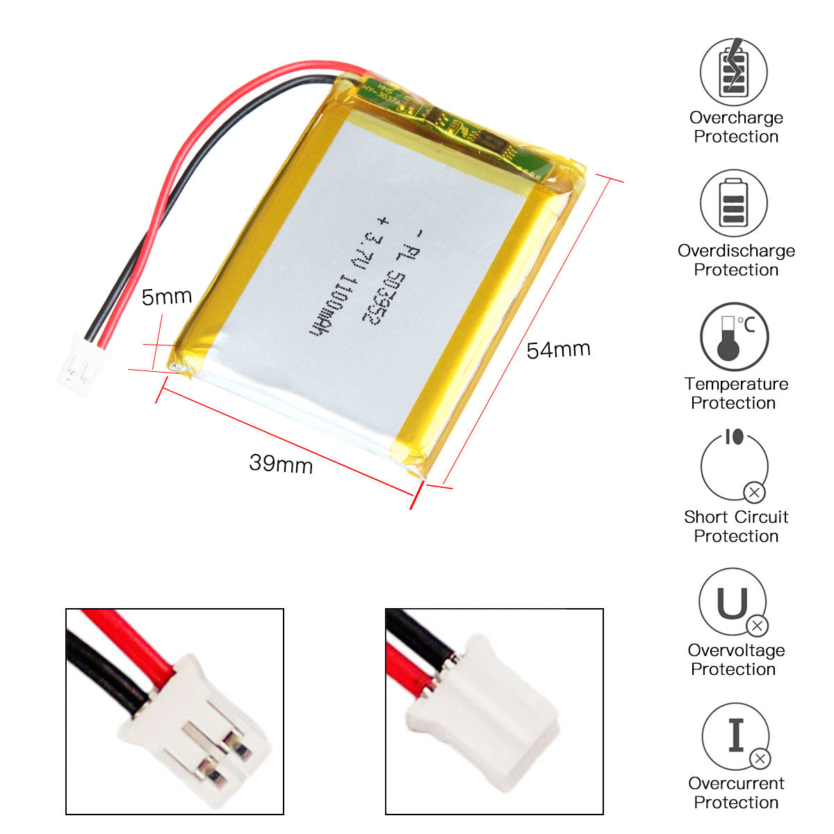 YDL 3.7V 1100mAh 503952 충전식 리튬 폴리머 배터리 길이 54mm