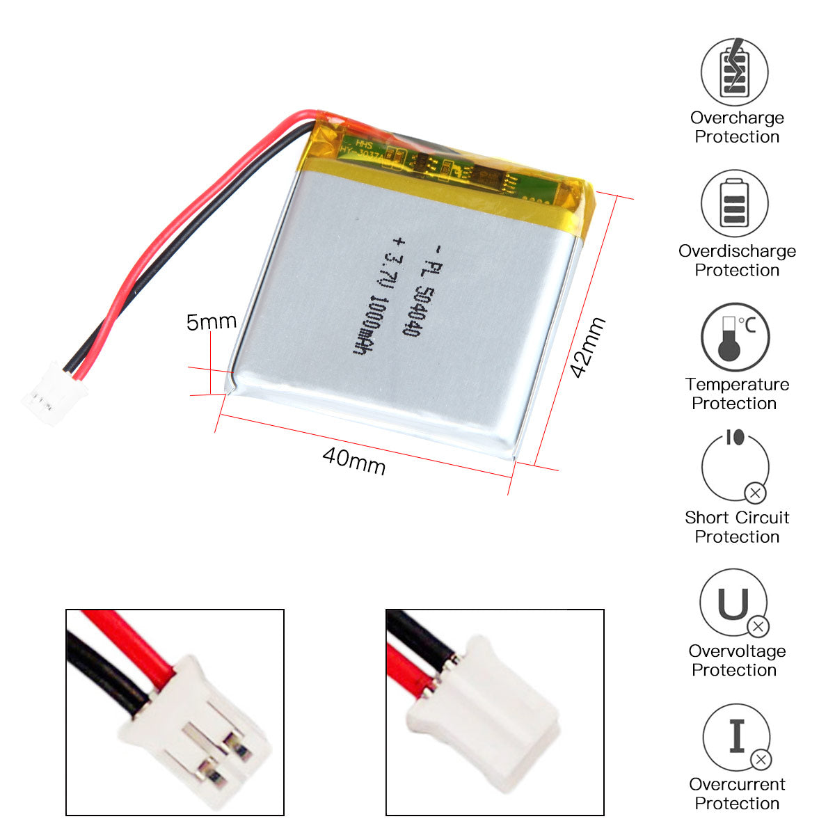 YDL 3.7V 1000mAh 504040 충전식 리튬 폴리머 배터리 길이 42mm