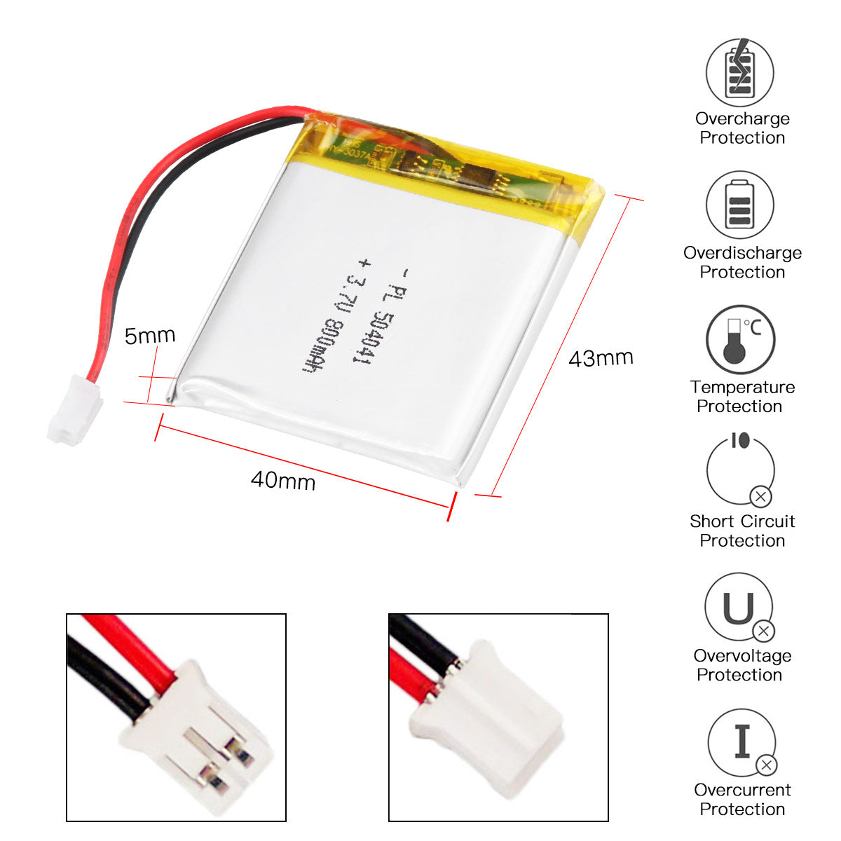YDL 3.7V 800mAh 504041 충전식 폴리머 리튬 이온 배터리 길이 43mm