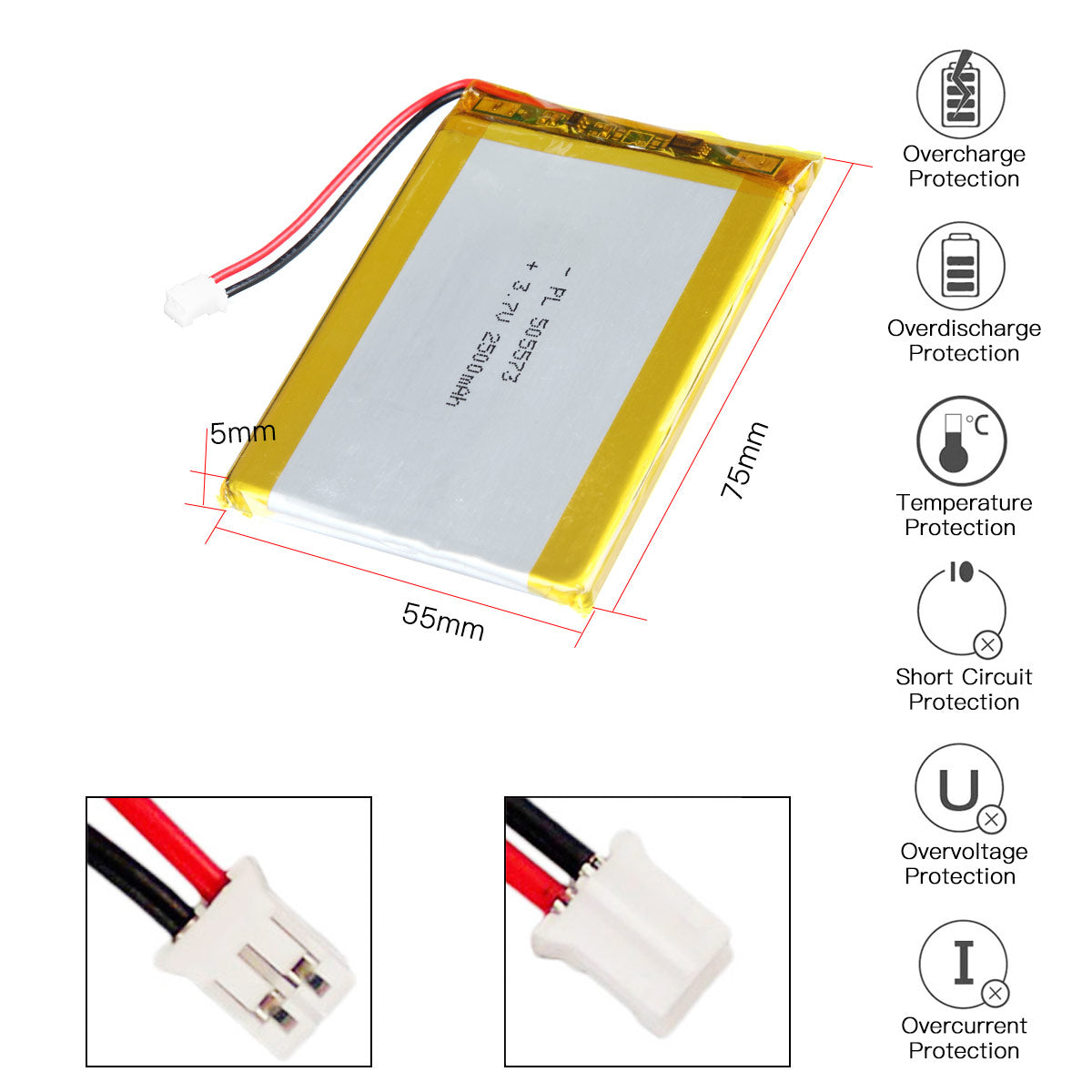 YDL 3.7V 2500mAh 505573 충전식 리튬 폴리머 배터리 길이 75mm