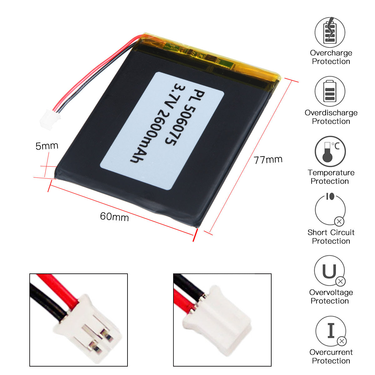 YDL 3.7V 2600mAh 506075 충전식 리튬 폴리머 배터리 길이 77mm