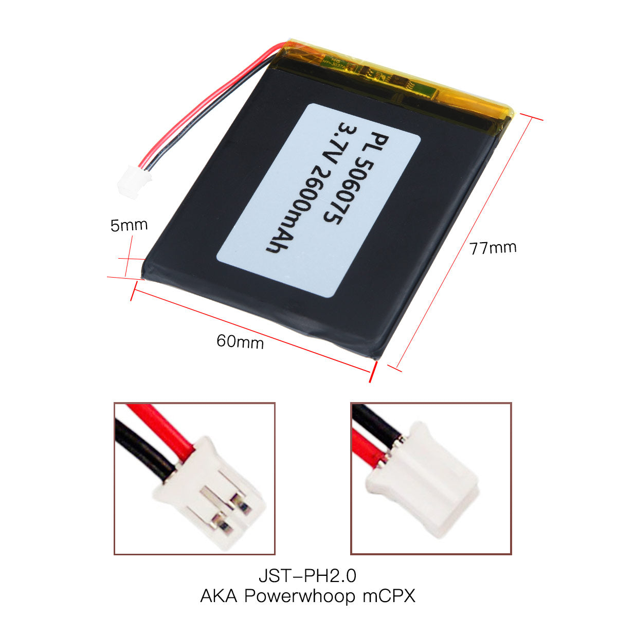 YDL 3.7V 2600mAh 506075 충전식 리튬 폴리머 배터리 길이 77mm