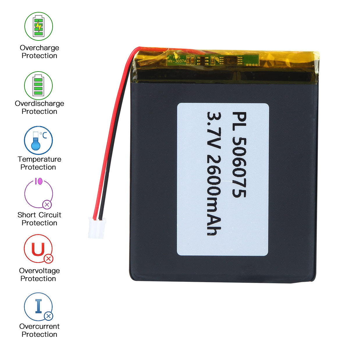 YDL 3.7V 2600mAh 506075 충전식 리튬 폴리머 배터리 길이 77mm