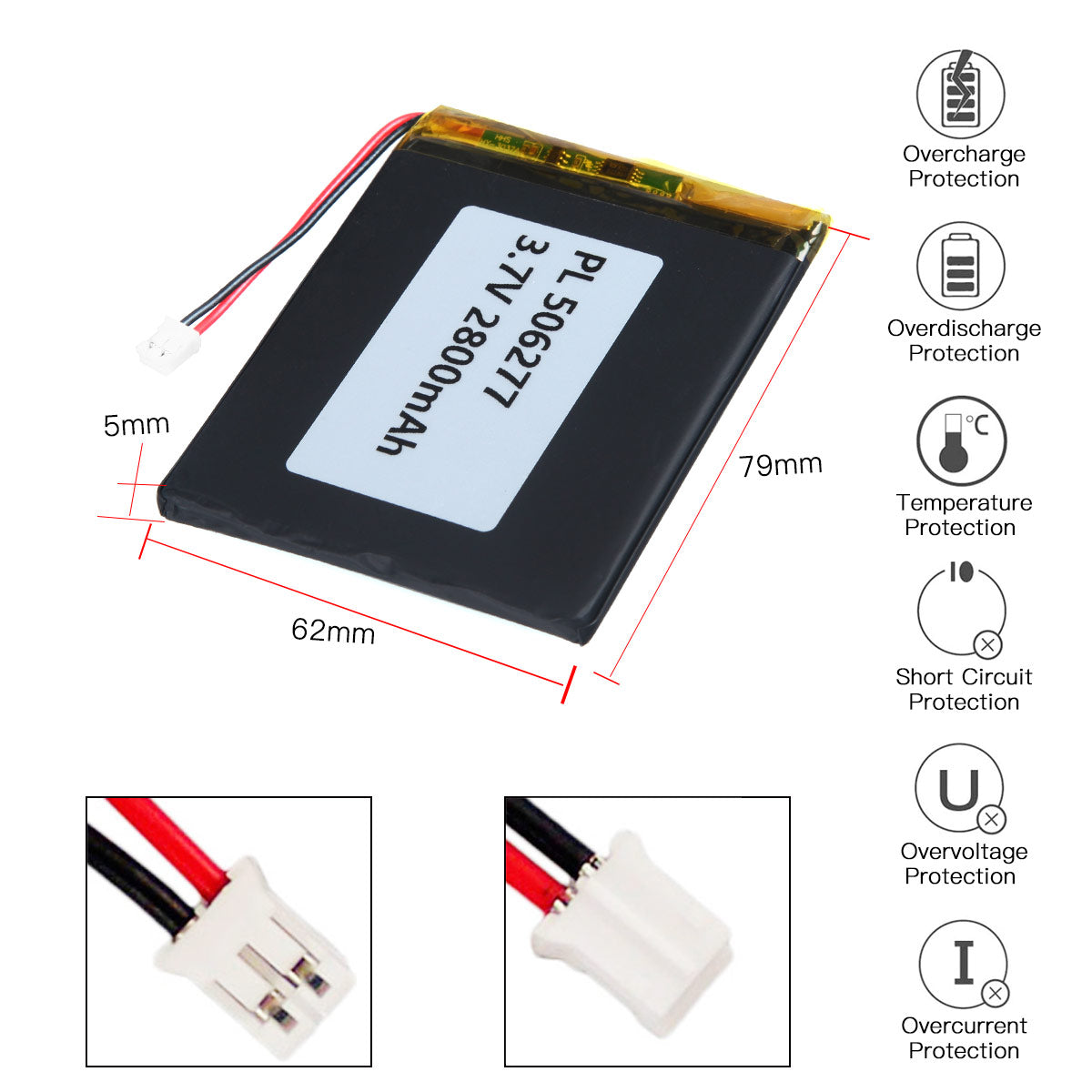 YDL 3.7V 2800mAh 506277 재충전용 리튬 중합체 건전지 길이 79mm