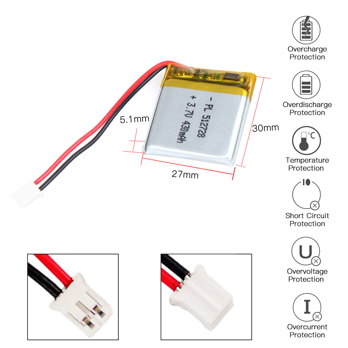YDL 3.7V 430mAh 512728 Rechargeable Lipo Battery with JST Connector - YDL Battery