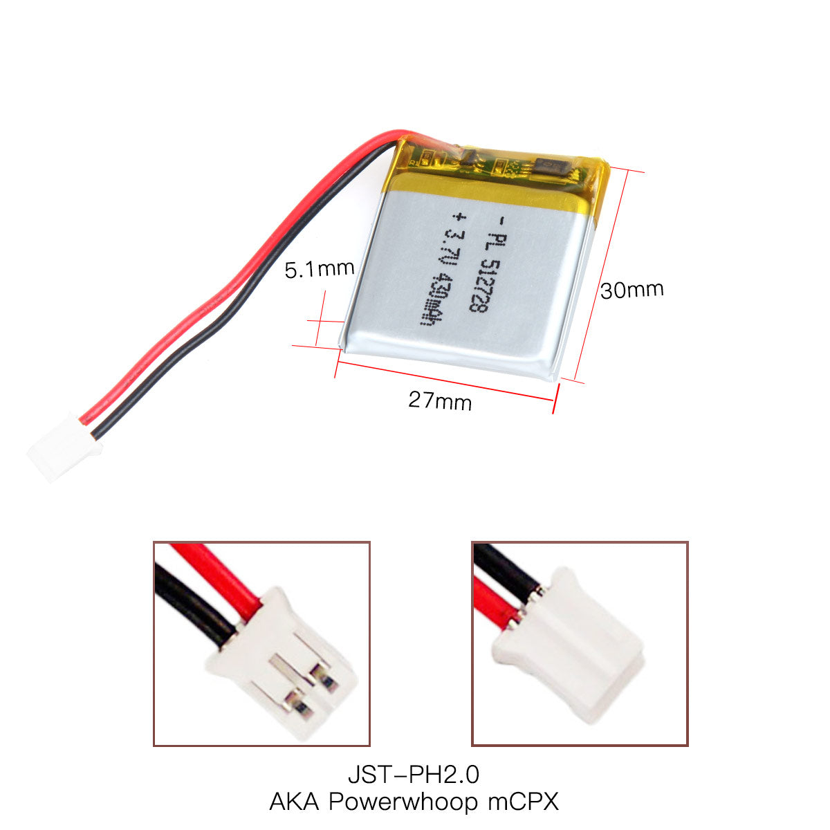 YDL 3.7V 430mAh 512728 Rechargeable Lipo Battery with JST Connector - YDL Battery