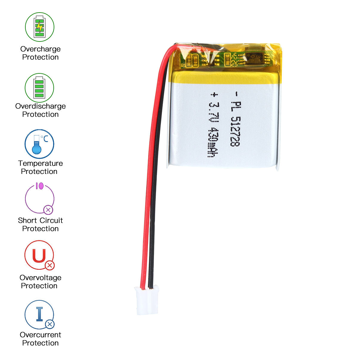 YDL 3.7V 430mAh 512728 Rechargeable Lipo Battery with JST Connector - YDL Battery