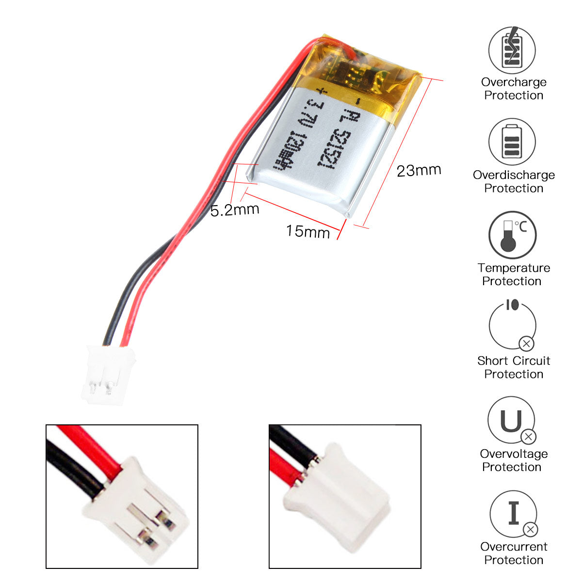 Batteria ricaricabile ai polimeri di litio YDL 3,7 V 120 mAh 521521 Lunghezza 23 mm