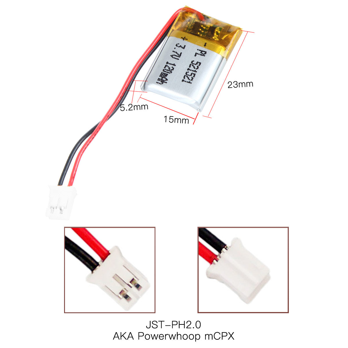 Batteria ricaricabile ai polimeri di litio YDL 3,7 V 120 mAh 521521 Lunghezza 23 mm