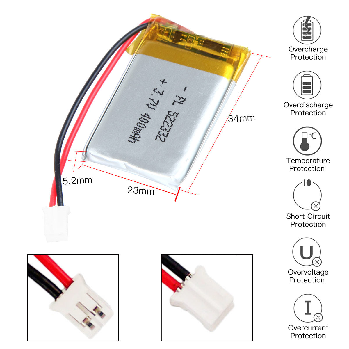 YDL 3.7V 400mAh 522332 充電式リチウムポリマー電池 長さ 34mm