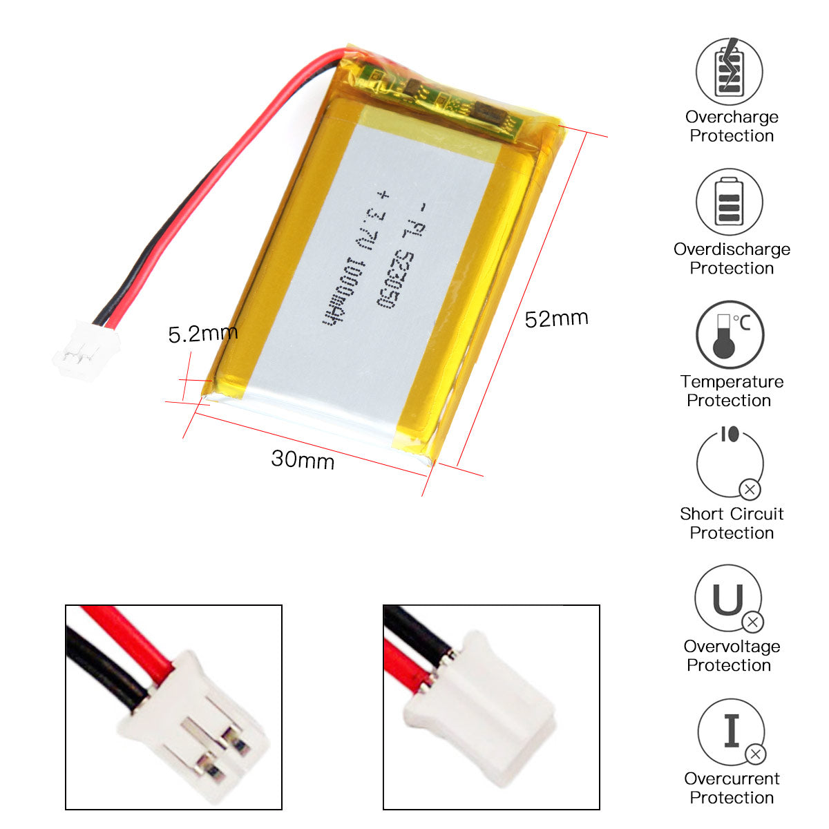 YDL 3.7V 1000mAh 523050 충전식 리튬 폴리머 배터리 길이 52mm