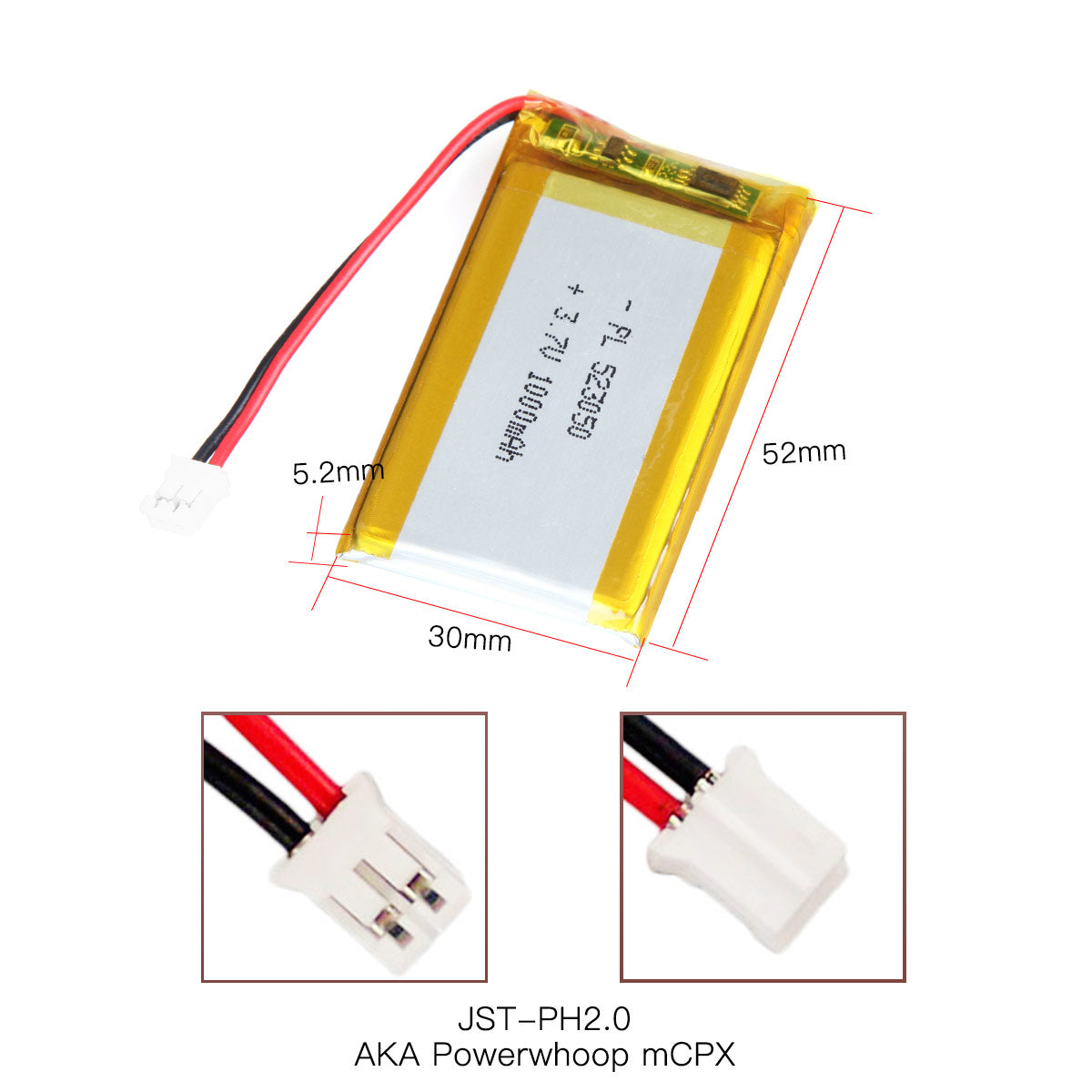 YDL 3.7V 1000mAh 523050 충전식 리튬 폴리머 배터리 길이 52mm