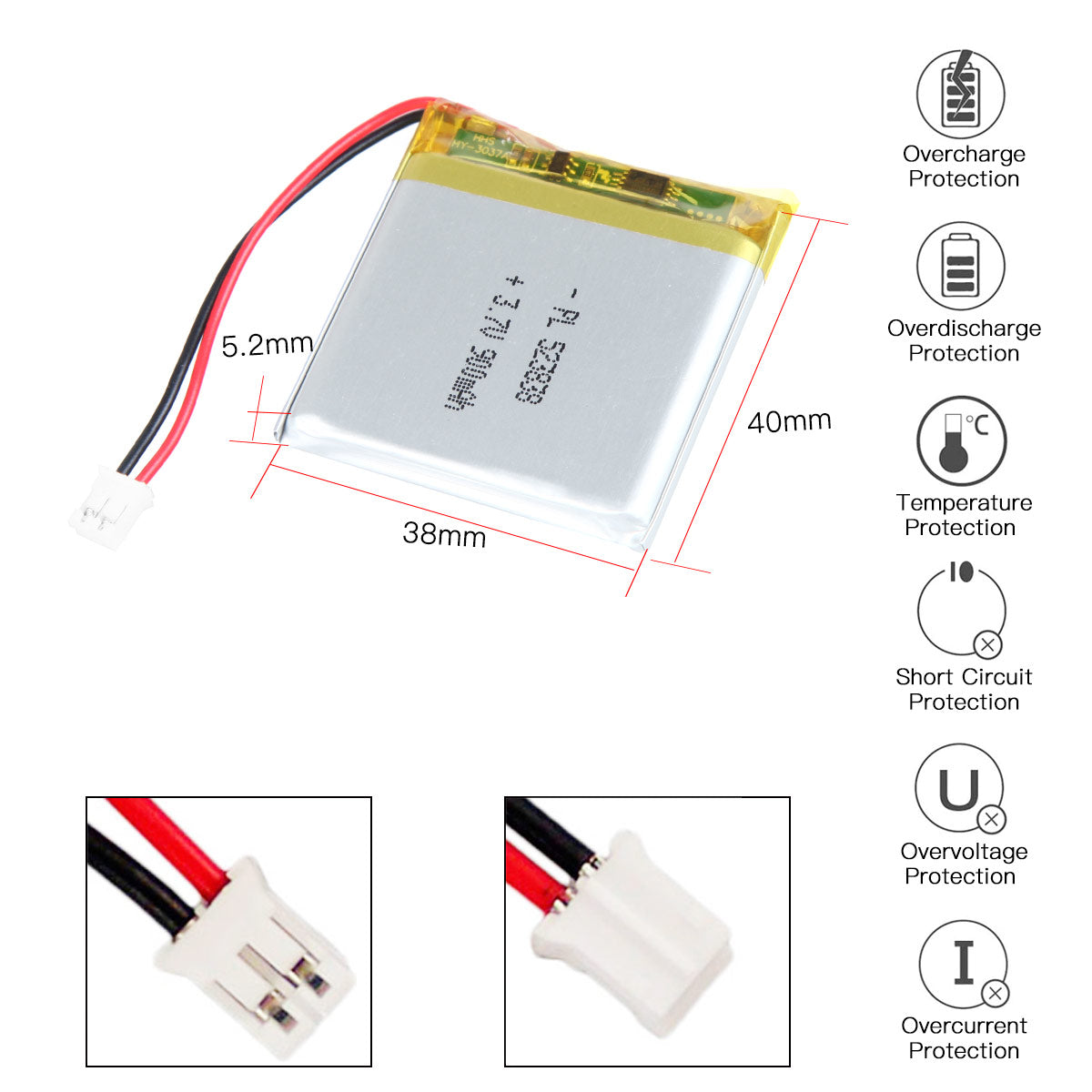 YDL 3.7V 900mAh 523838 充電式リチウムポリマー電池 長さ 40mm