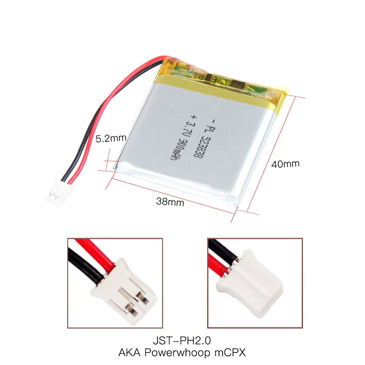 YDL 3.7V 900mAh 523838 充電式リチウムポリマー電池 長さ 40mm