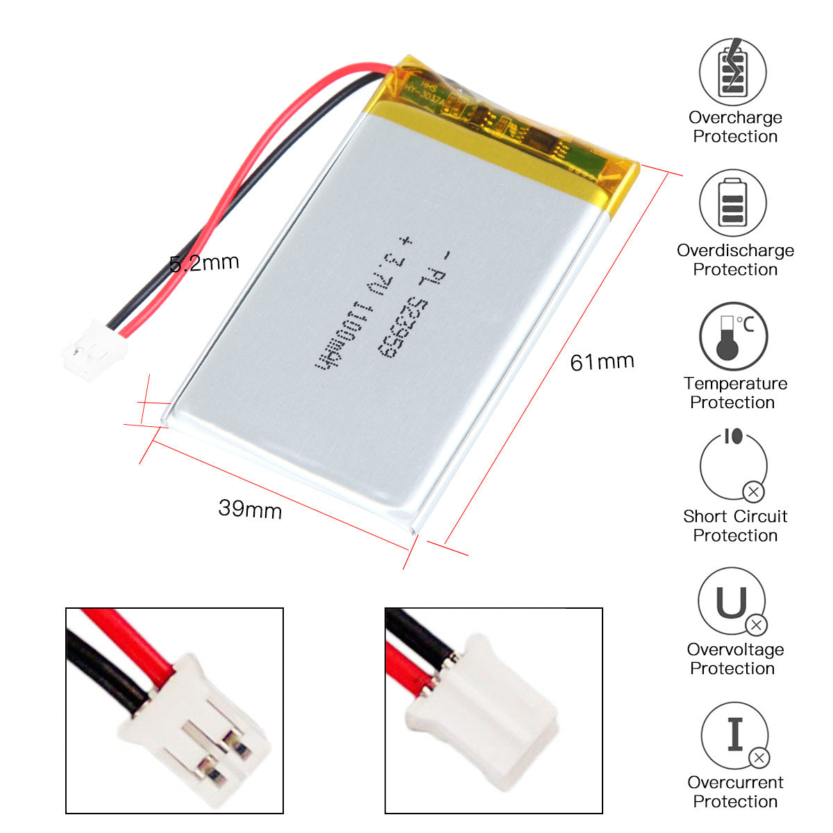 YDL 3.7V 1100mAh 523959 充電式リチウムポリマー電池 長さ 61mm