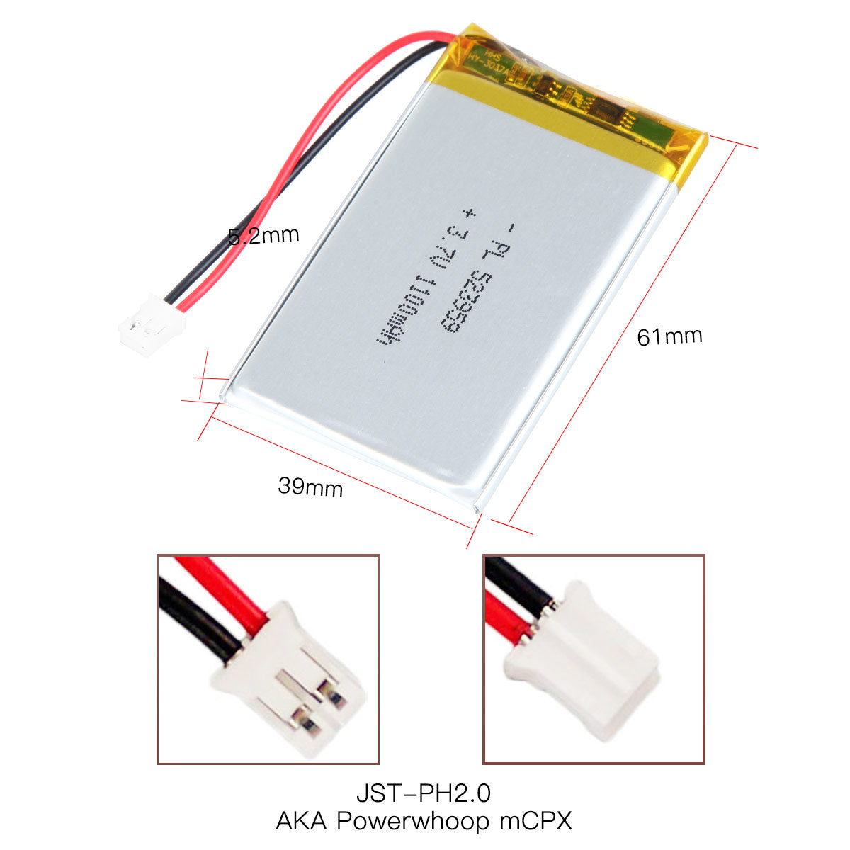 YDL 3.7V 1100mAh 523959 充電式リチウムポリマー電池 長さ 61mm