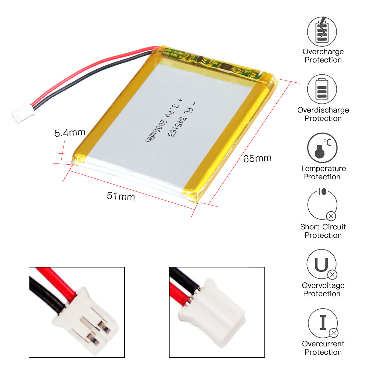 YDL 3.7V 2000mAh 545163 充電式リチウムポリマー電池 長さ 65mm