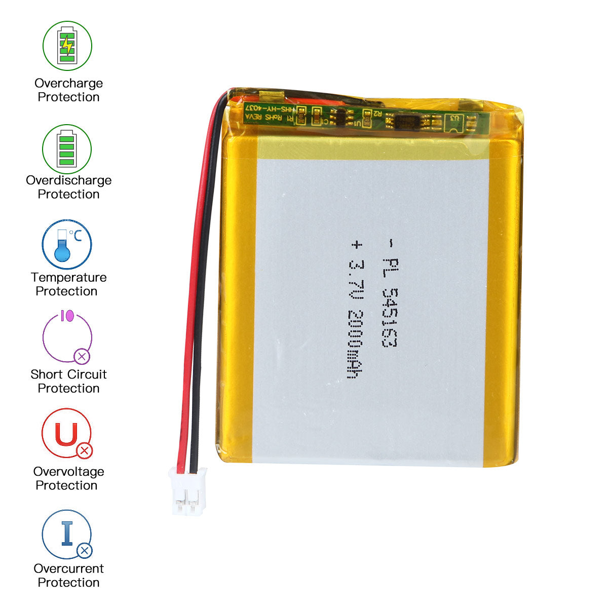 YDL 3.7V 2000mAh 545163 充電式リチウムポリマー電池 長さ 65mm