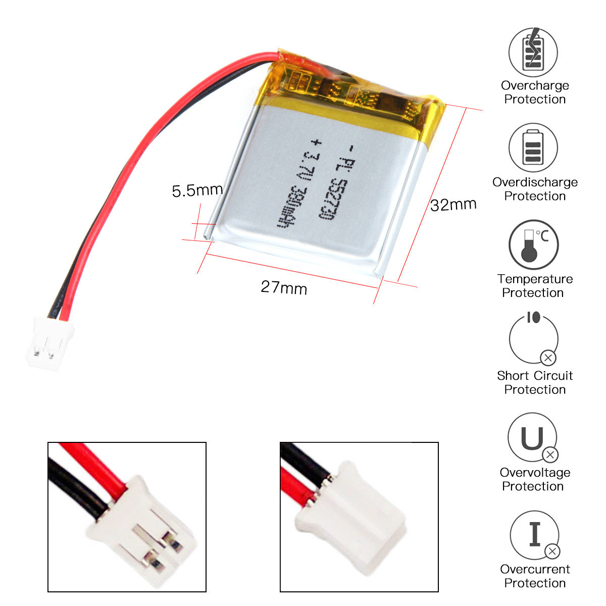 YDL 3.7V 380mAh 552730 充電式リチウムポリマー電池 長さ 32mm