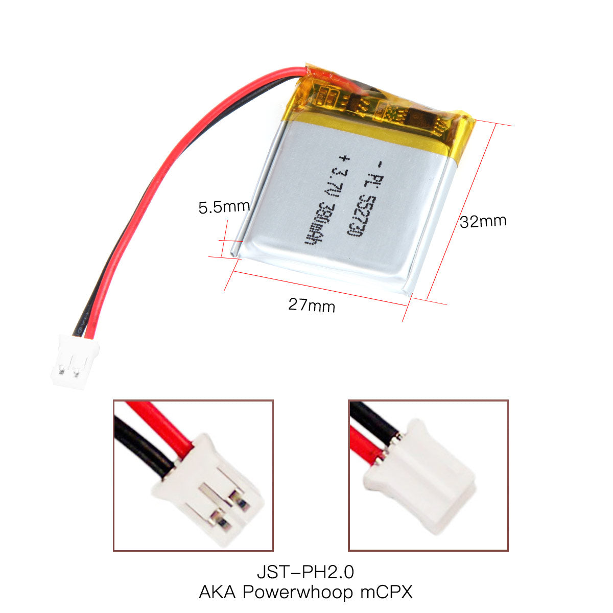 YDL 3.7V 380mAh 552730 充電式リチウムポリマー電池 長さ 32mm